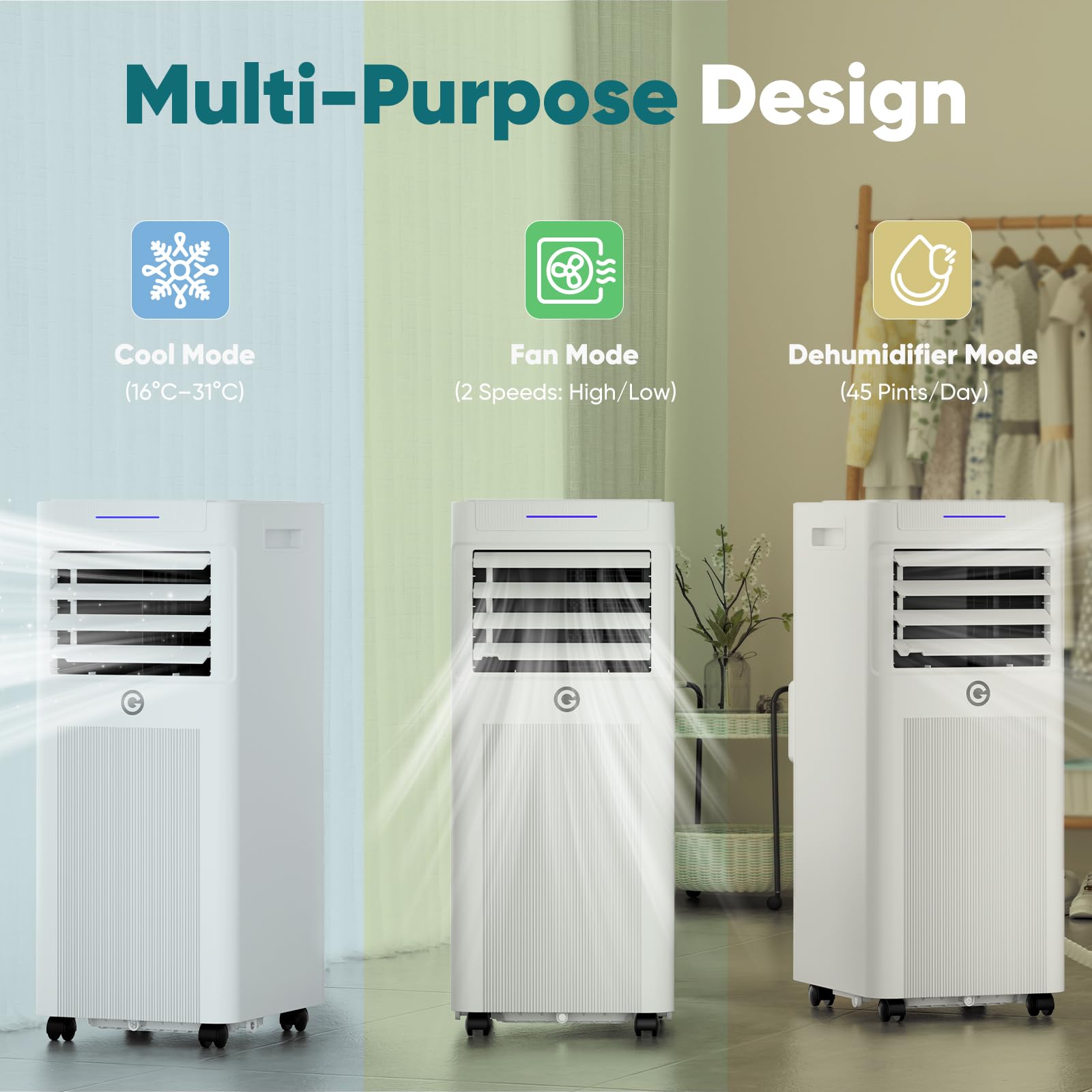9000 BTU Portable Air Conditioner with Cooling, Fan & Dehumidifier Function