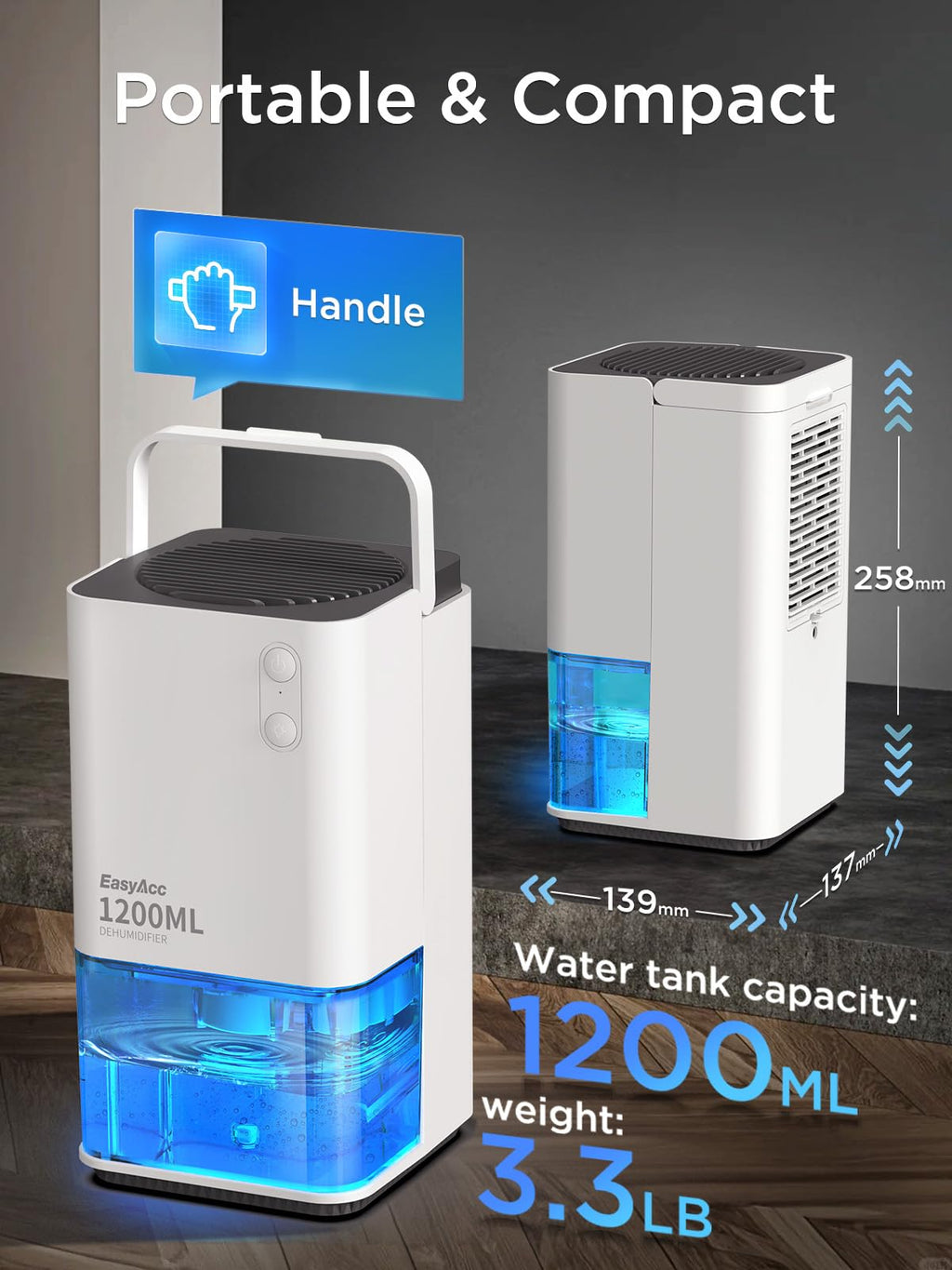 1200ml Portable Electric Dehumidifier with Auto Shut Off & LED Night Light White