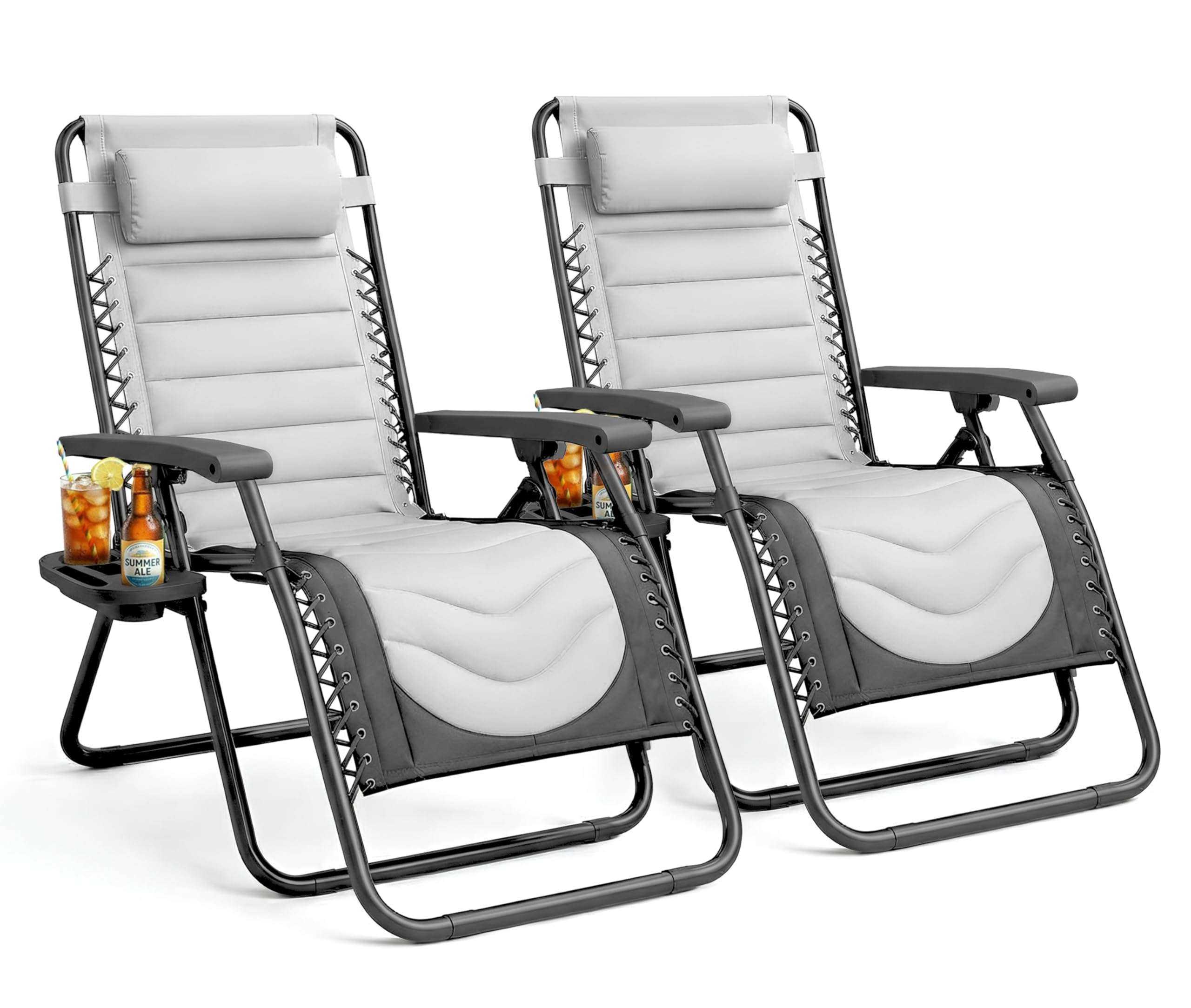 Set of 2 XXL Zero Gravity Reclining Garden Chairs with Cup Holder & Adjustable Headrest