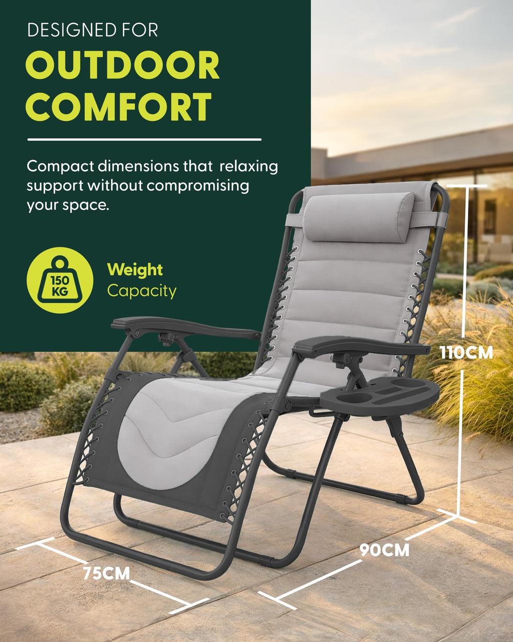 Set of 2 XXL Zero Gravity Reclining Garden Chairs with Cup Holder & Adjustable Headrest