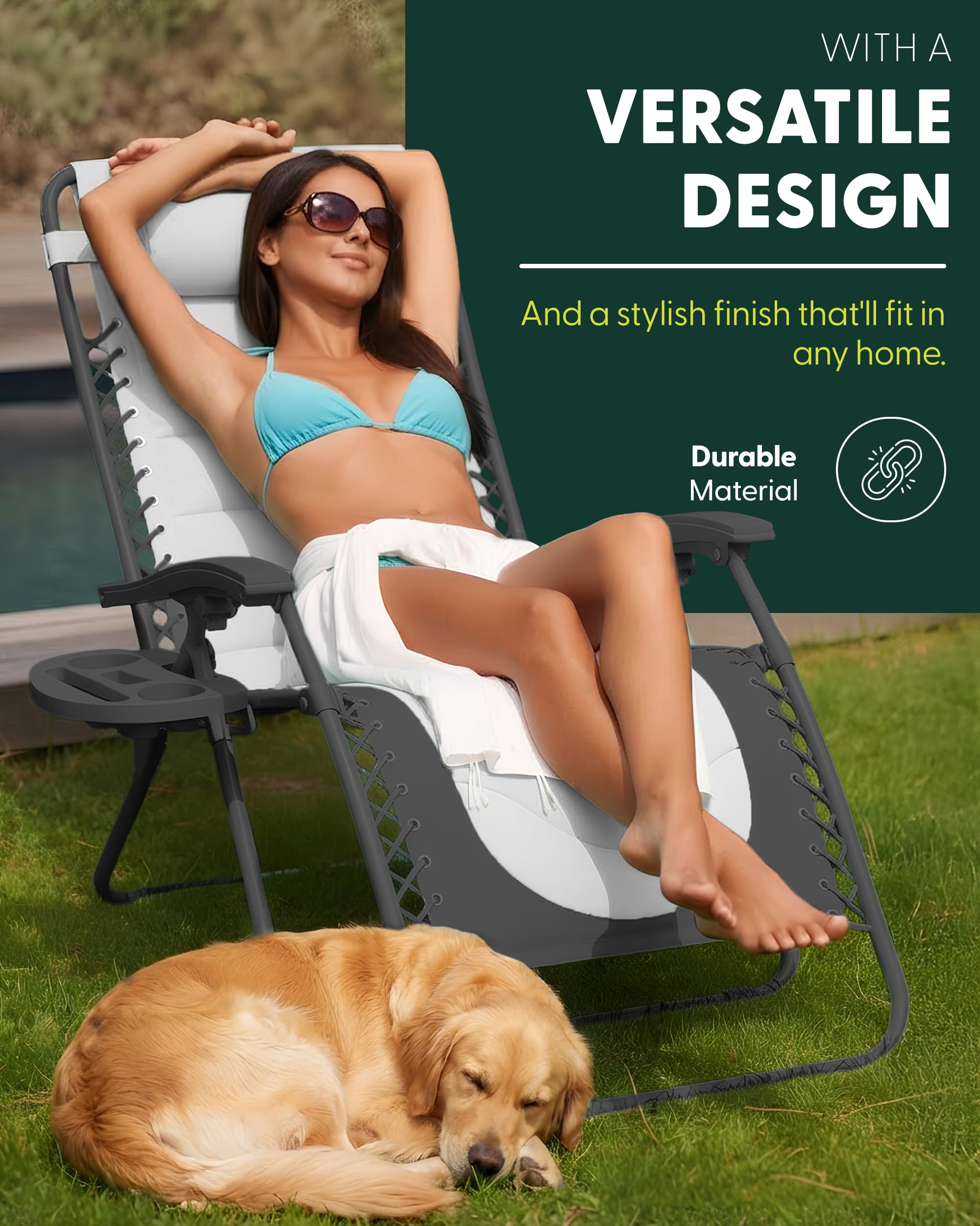 Set of 2 XXL Zero Gravity Reclining Garden Chairs with Cup Holder & Adjustable Headrest