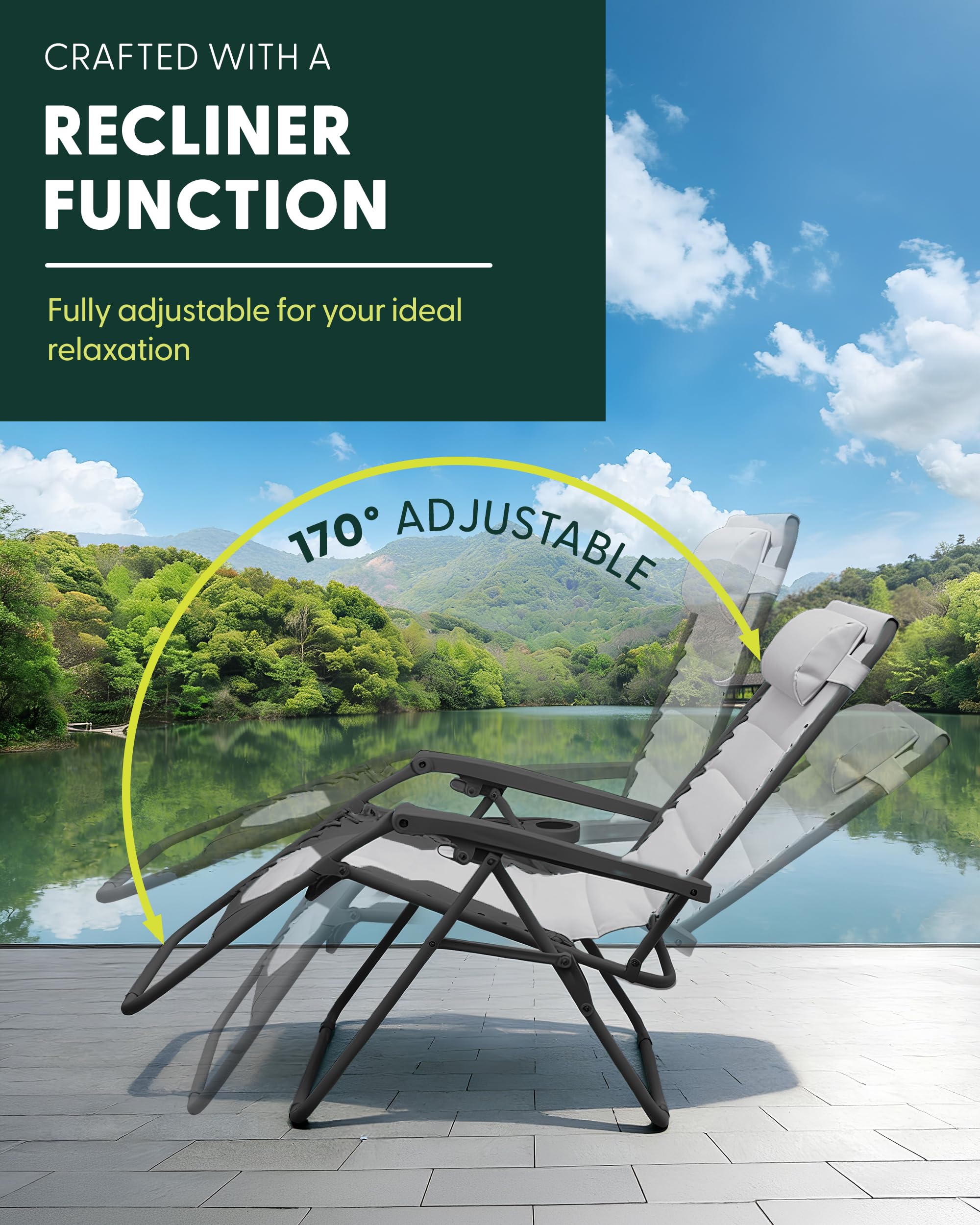 Set of 2 XXL Zero Gravity Reclining Garden Chairs with Cup Holder & Adjustable Headrest