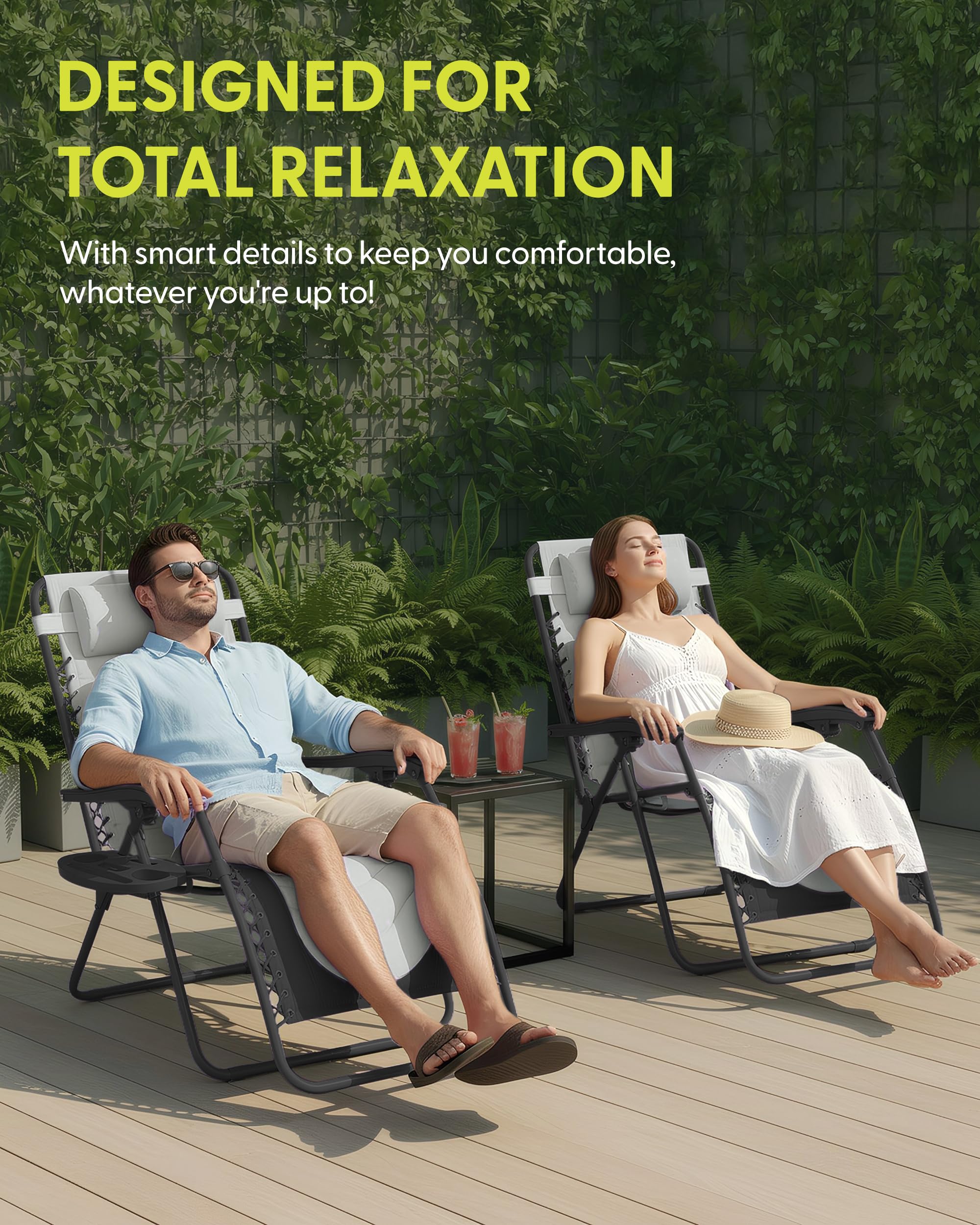 Set of 2 XXL Zero Gravity Reclining Garden Chairs with Cup Holder & Adjustable Headrest